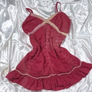 y2k Zinc Embroidered Cami Top Red Excellent Lace Trim Ruffle Hem Smocked Back M